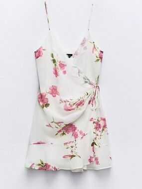 Zara White Floral lace trim Slip Mini Dress with Pink Blossoms